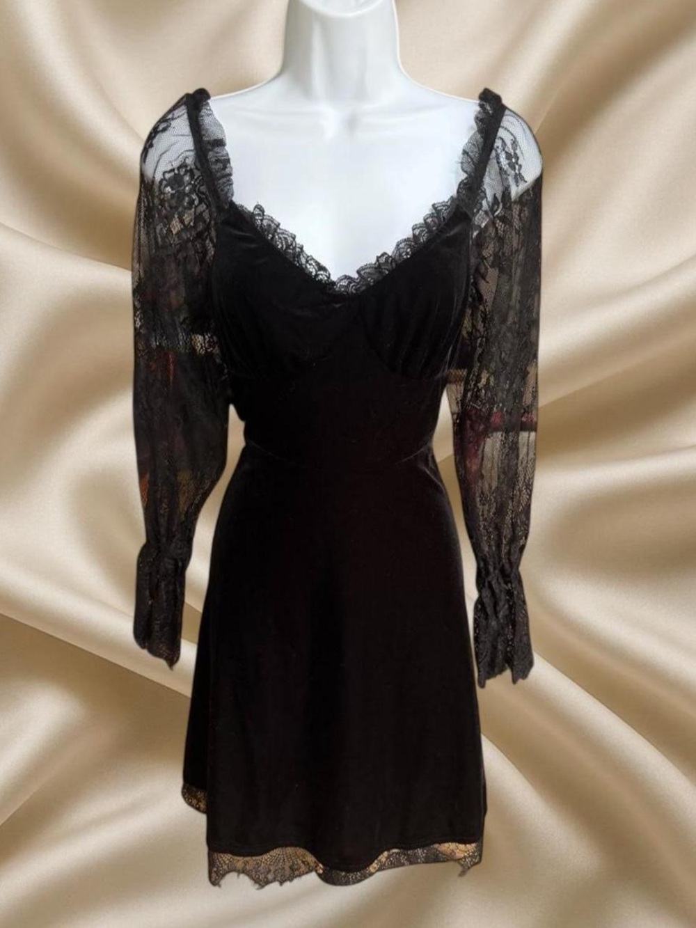 Cider Black Velvet Lace Mini Dress Coquette Goth Whimsigoth